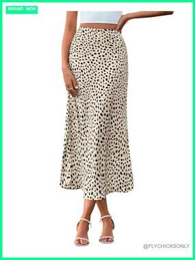 Satin Midi Skirt High Waisted A-Line Flowy Printed Skirt